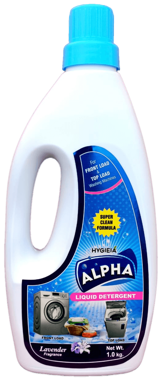 A bottle of Hygieia Alpha liquid detergent: a white bottle with a blue cap and a blue label.